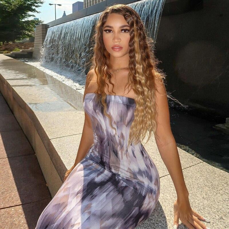 Strapless Tie Dye Stripe Bodycon Maxi Dress - MomyMall GREY / S