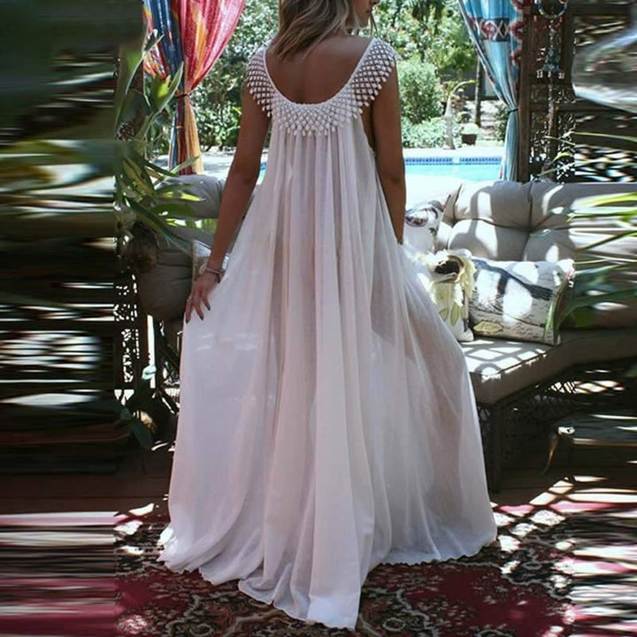 Oversized Lace Trim Sheer Maxi Dress - Plus Size Dress - MomyMall WHITE / M