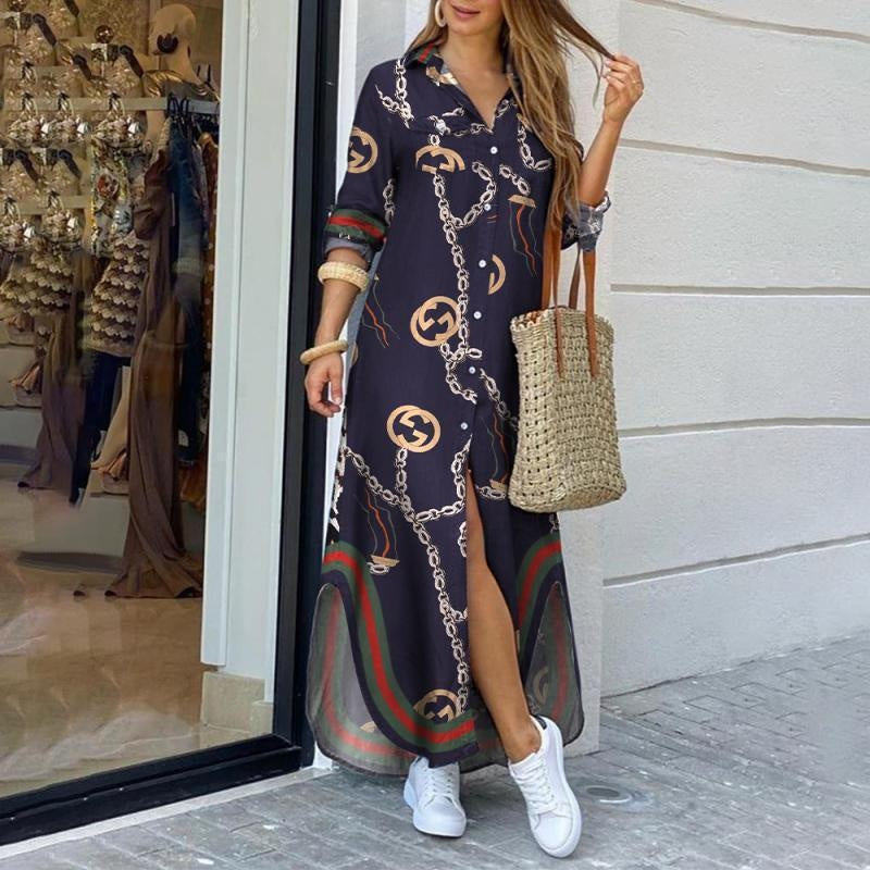 Printed Long Sleeve Split Hem Plus Size Maxi Shirt Dress