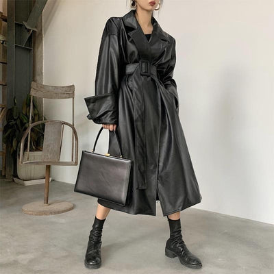 Oversized Belted Faux Leather Trench Coat - Plus Size Trench Coat