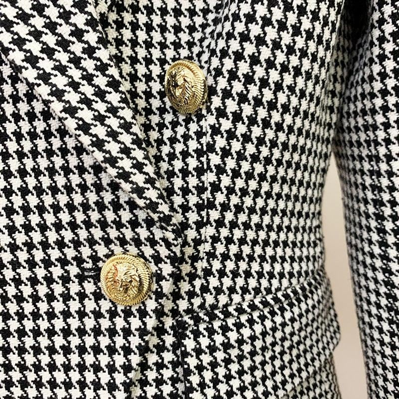 Houndstooth Gold Button Blazer - MomyMall