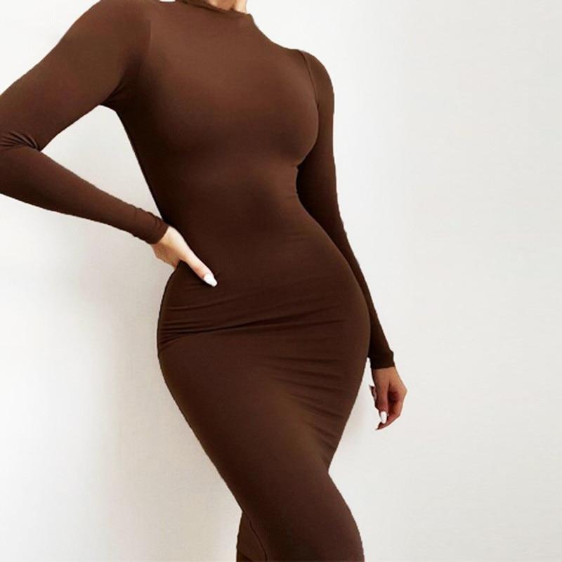 Turtleneck Seamless Bodycon Midi Dress - Long Sleeve Dress - MomyMall BROWN / S