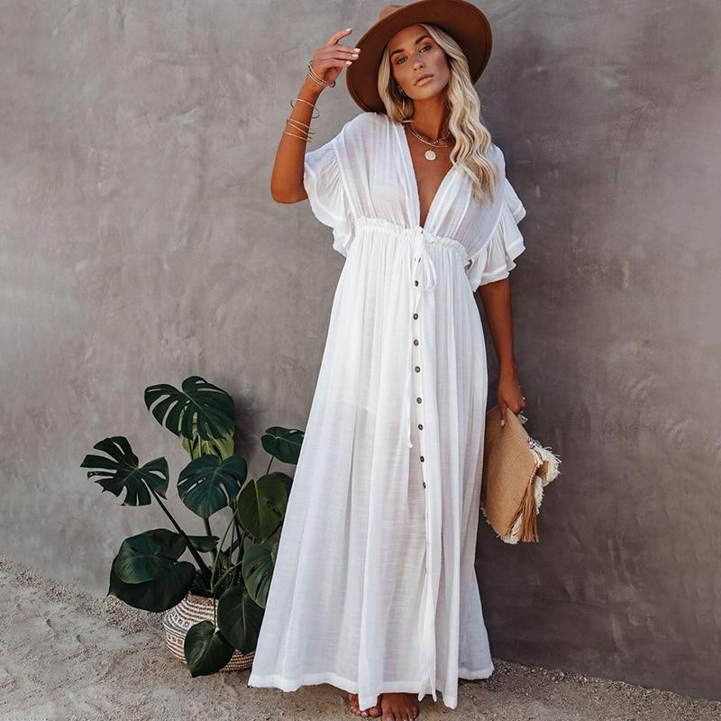 Robe Smockée Boutonnée à Col V - Robe Maxi Décontractée