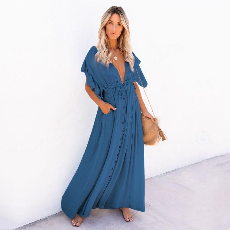 V-Neck Button Through Smock Dress - Casual Maxi Dress