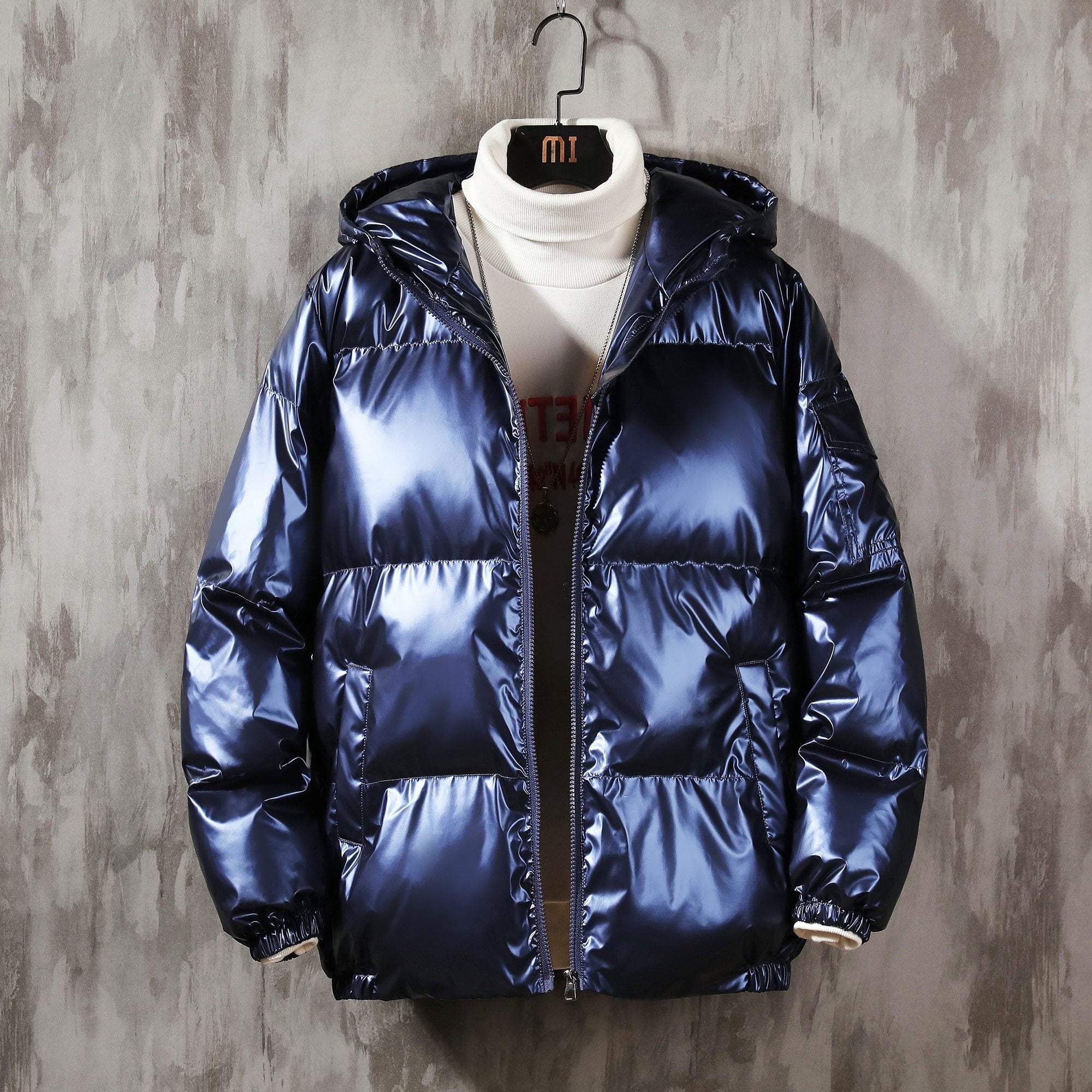 Glänzende Metallic-Pufferjacke in Übergröße mit Kapuze