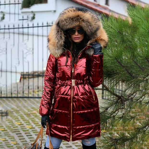 Glossy Plus Size Belted Puffer Coat With Faux Fur Hood