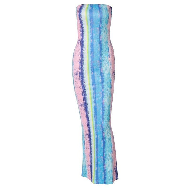 Strapless Tie Dye Stripe Bodycon Maxi Dress - MomyMall