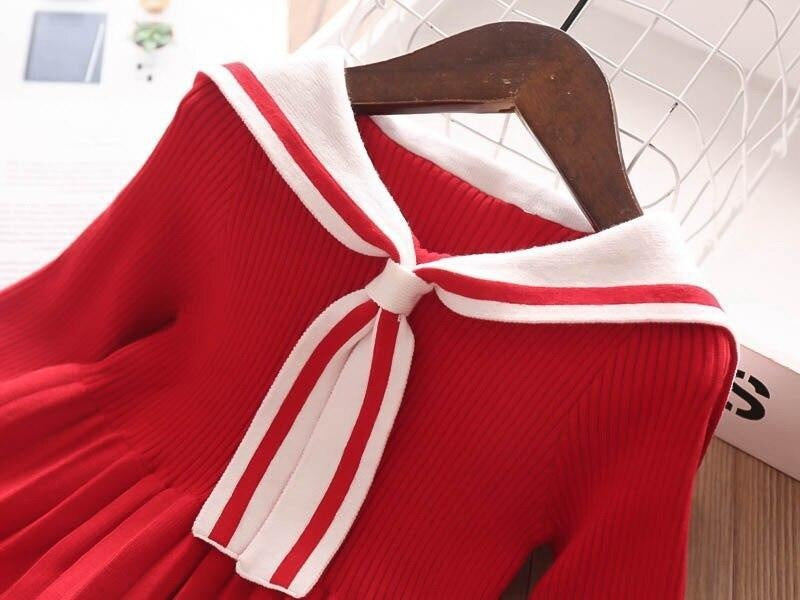 Girls Dress Cartoon Rabbit Sailor Collar New Knitted Preppy Dress 2-10 Years - MomyMall