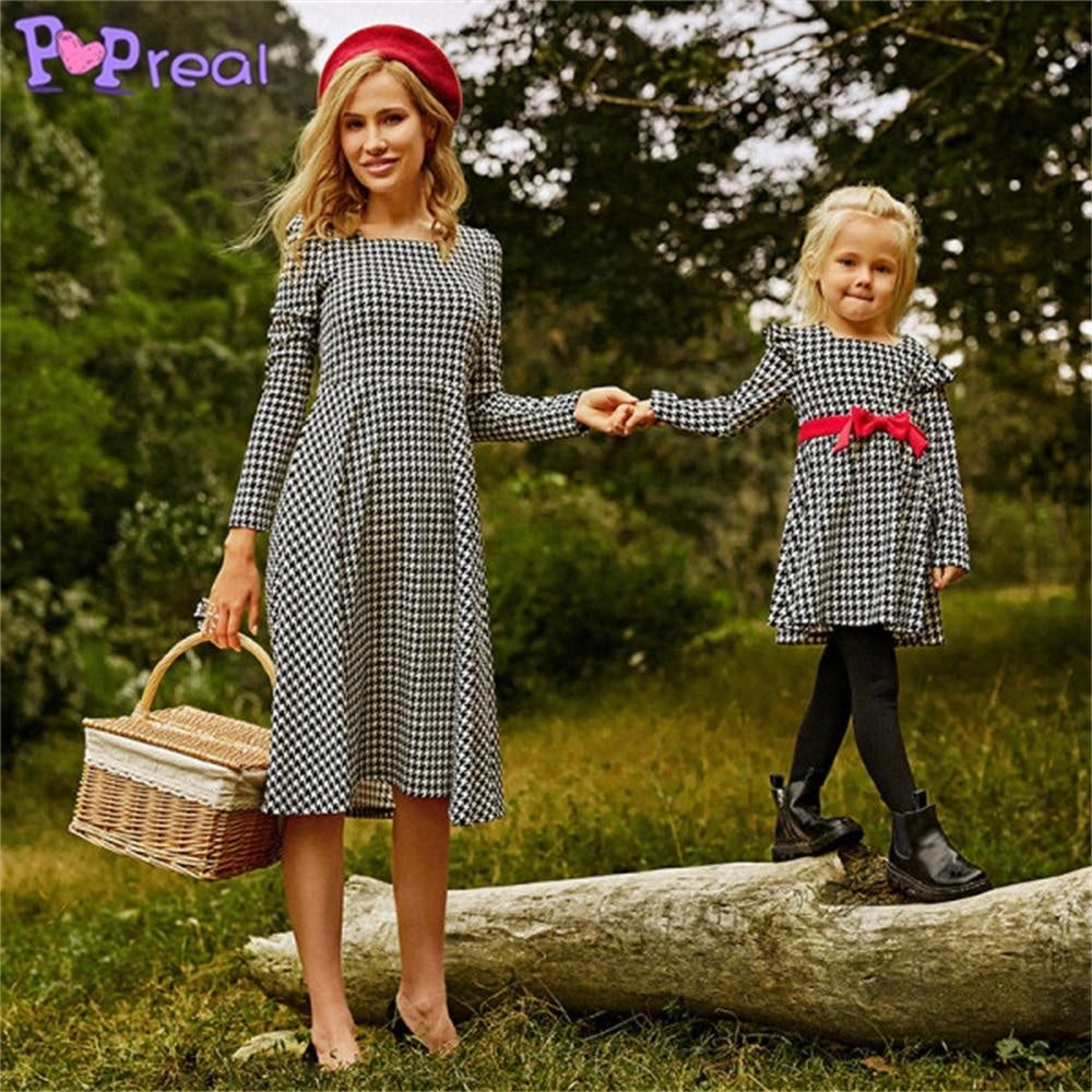 Family Matching Autumn Fashion Print Bow Mom Daughter Dresses - MomyMall