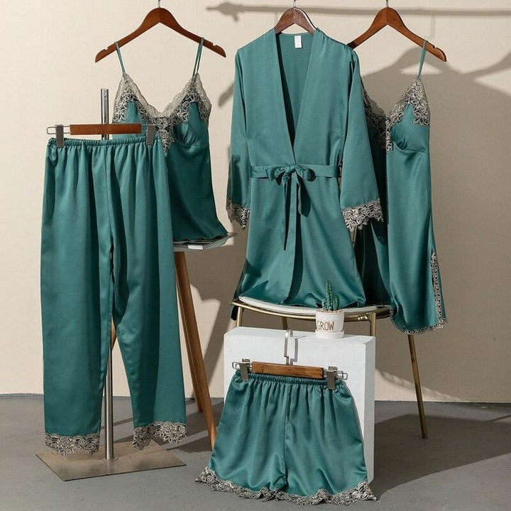 5 Piece Lace Trim Pyjama Set With Self Tie Robe - MomyMall GREEN / S
