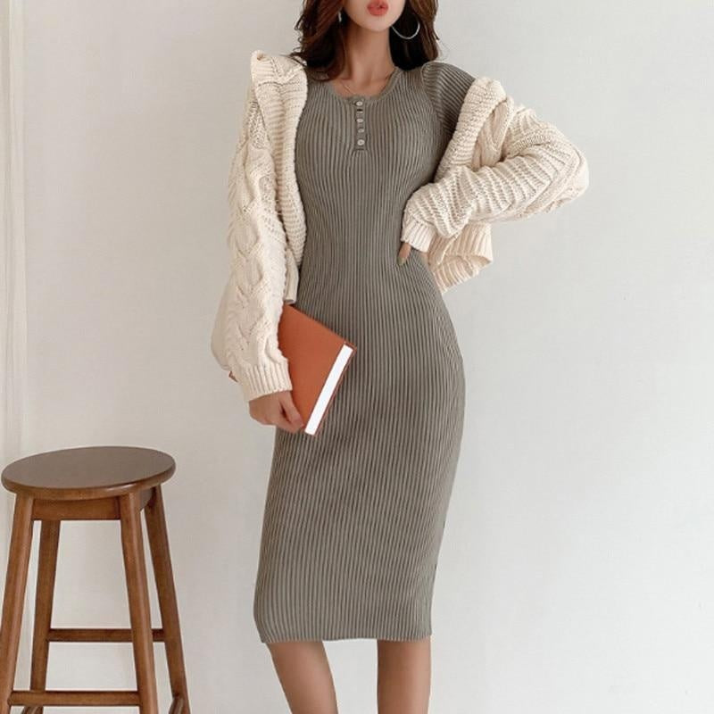 Rib Knit Bodycon Midi Dress - Long Sleeve Dress