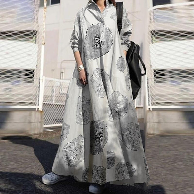 Printed Oversized Long Sleeve Maxi Shirt Dress - Plus Size Dress - MomyMall WHITE / S