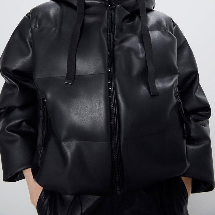 Faux Leather Bubble Coat With Drawstring Hood