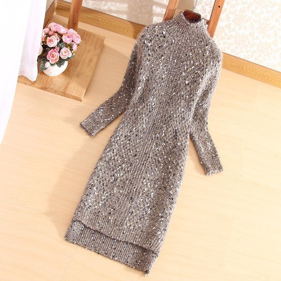 Turtleneck Midi Knit Loungewear Sweat Dress With Long Sleeves - MomyMall GREY / ONE SIZE