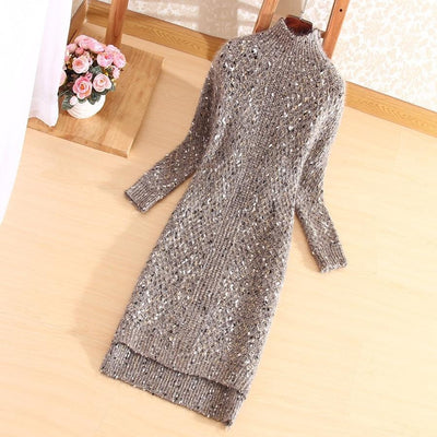 Turtleneck Midi Knit Loungewear Sweat Dress With Long Sleeves - MomyMall GREY / ONE SIZE