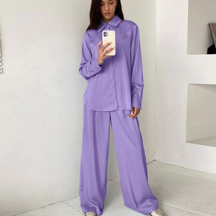 2 Piece Satin Loungewear Set - Oversized Shirt & Wide Leg Trousers Co-Ord - MomyMall PURPLE / S