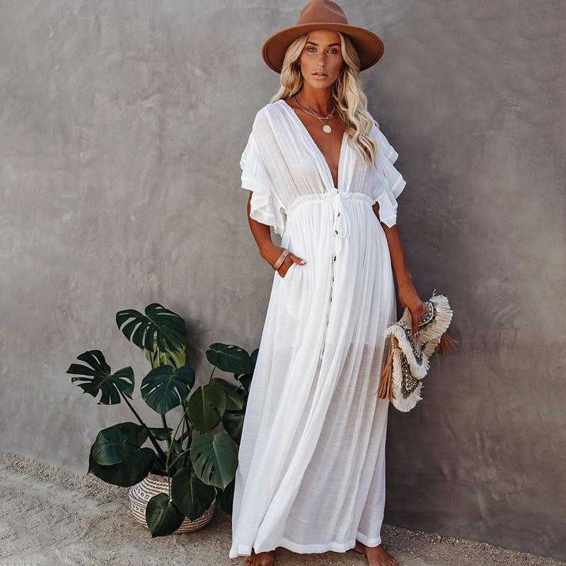 V-Neck Button Through Smock Dress - Casual Maxi Dress