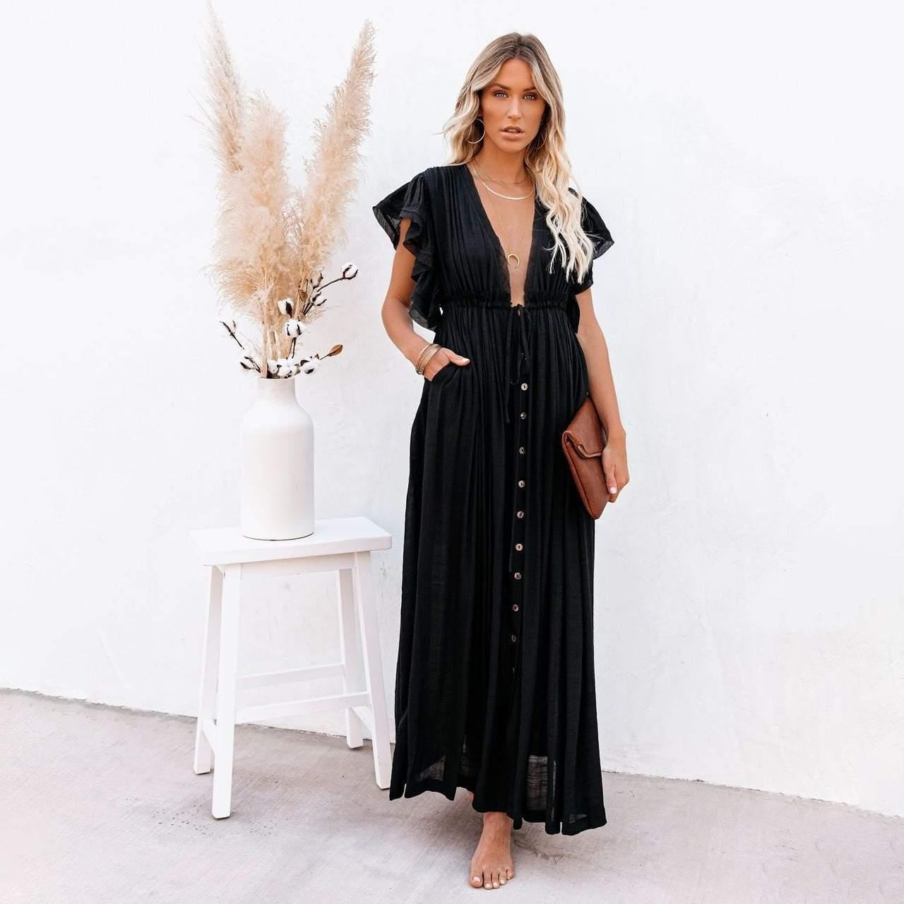 Robe Smockée Boutonnée à Col V - Robe Maxi Décontractée