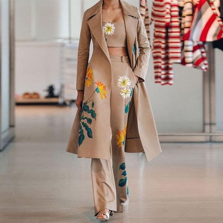 Women's Long Sleeve Printing Suit Pants Casual Elegant Business Suit Sets Two-piece Suit - MomyMall Khaki / S