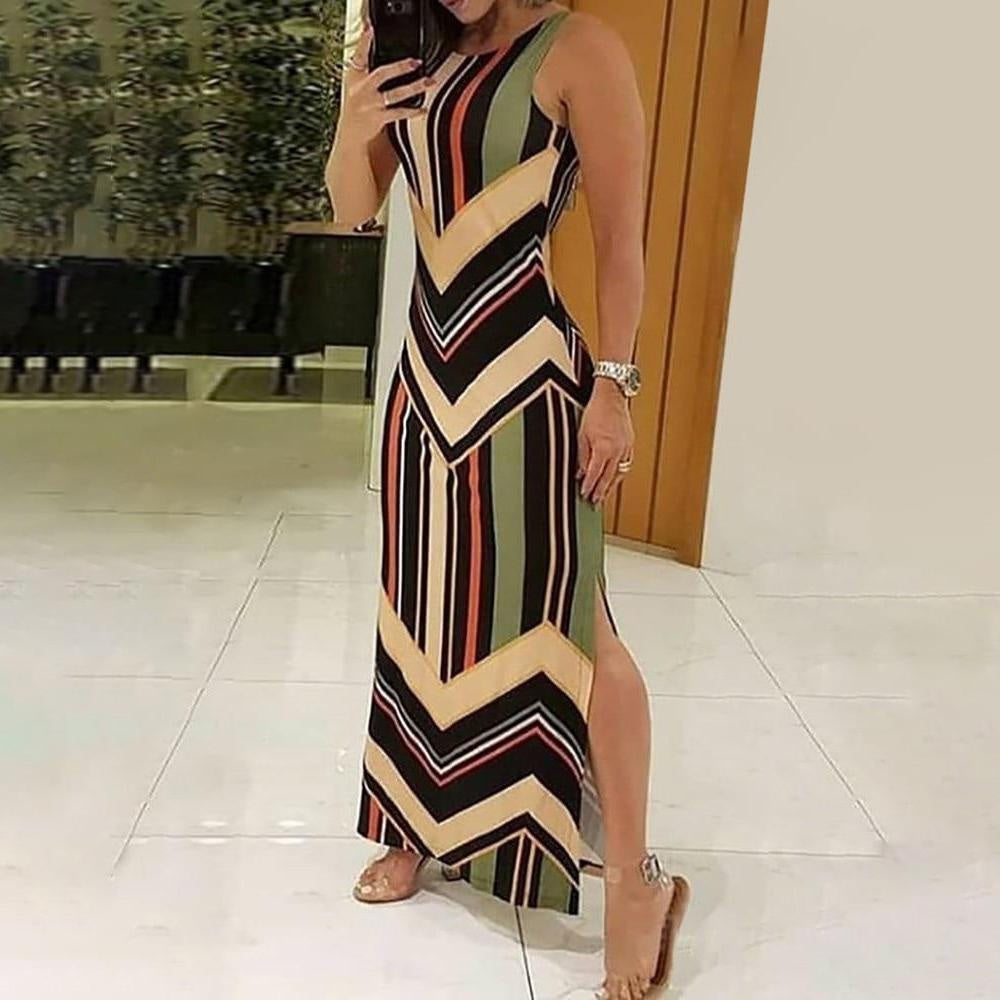 Multi Stripe Printed Side Split Maxi Dress - Sleeveless Maxi Dress - MomyMall