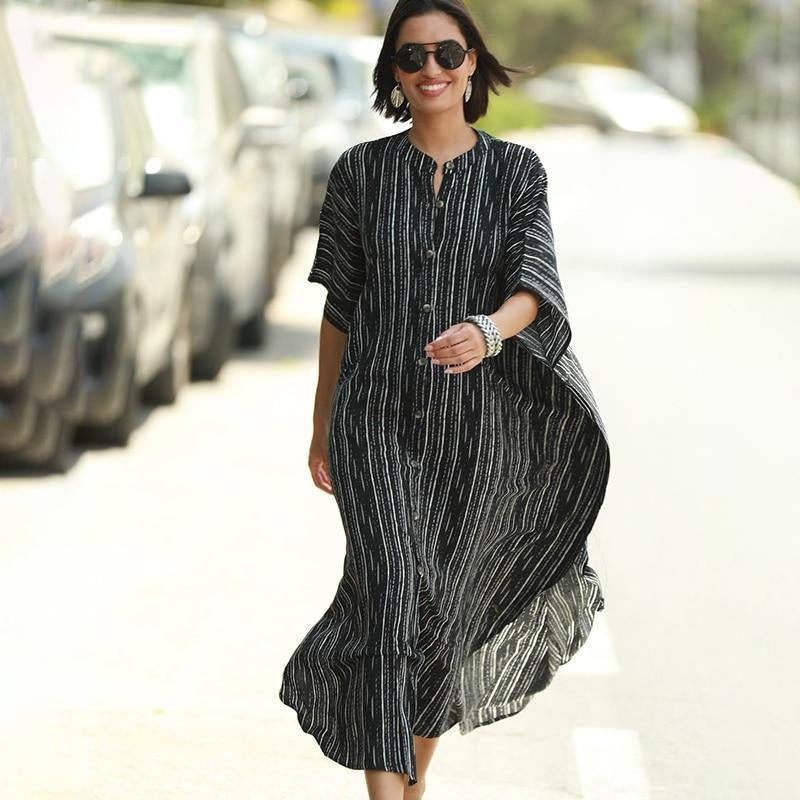 Striped Button Up Split Kaftan Maxi Dress - MomyMall BLACK / ONE SIZE