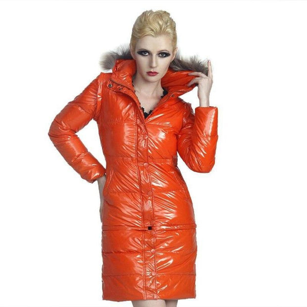 Glossy Faux Fur Hooded Coat With Detachable Sleeves