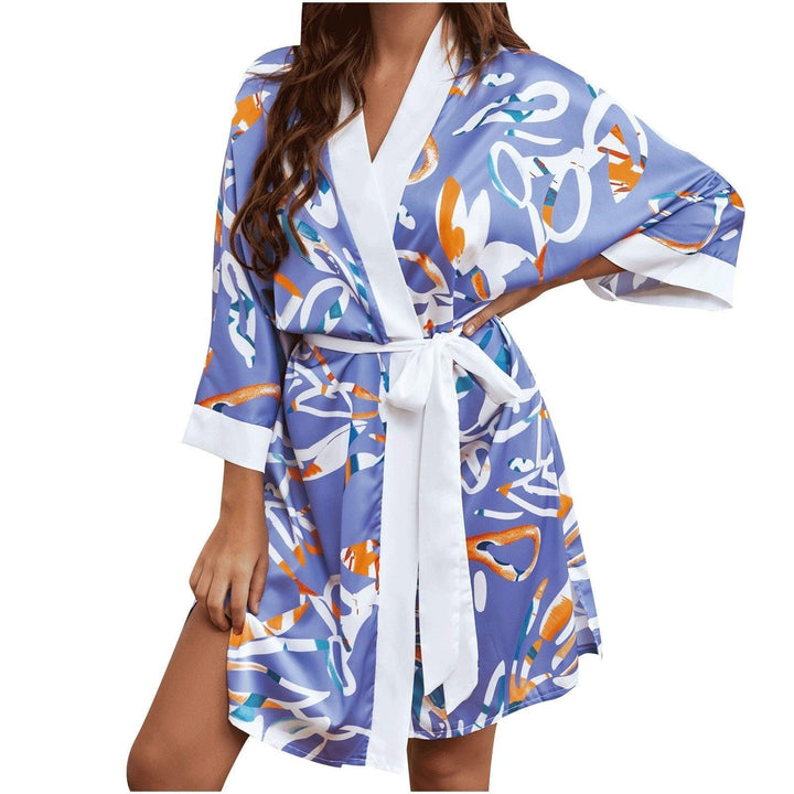 Satin Plus Size Printed Robe Mini Dress - MomyMall BLUE / S