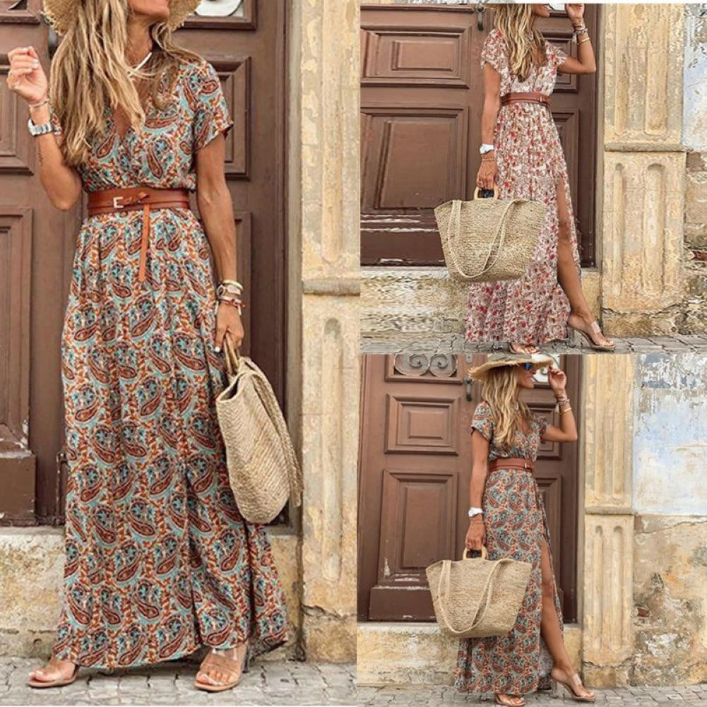 Short Sleeve Paisley Print Belted Maxi Dress With Belt & Side Split