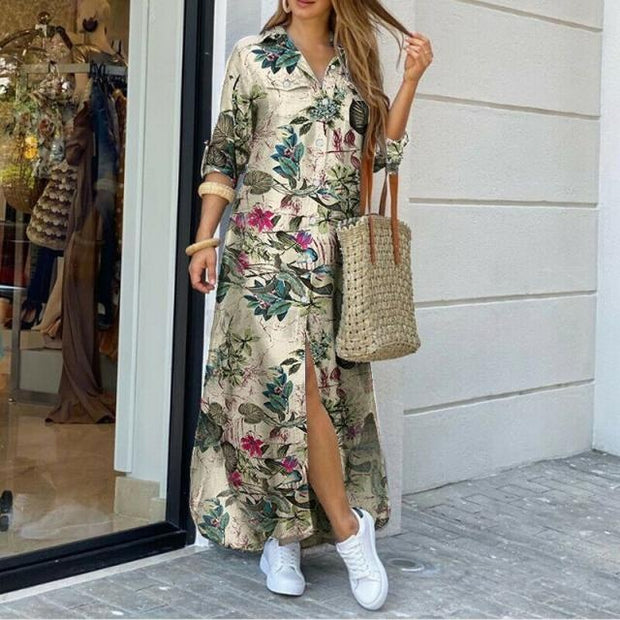 Floral Print Long Sleeve Plus Size Maxi Shirt Dress - MomyMall GREEN / S