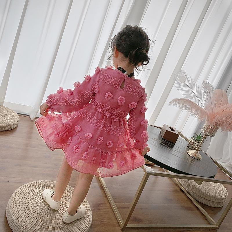 Kids Girl Rose Red V Neck Flower PrincesSolid Chiffon Dresses 3-14 Years - MomyMall