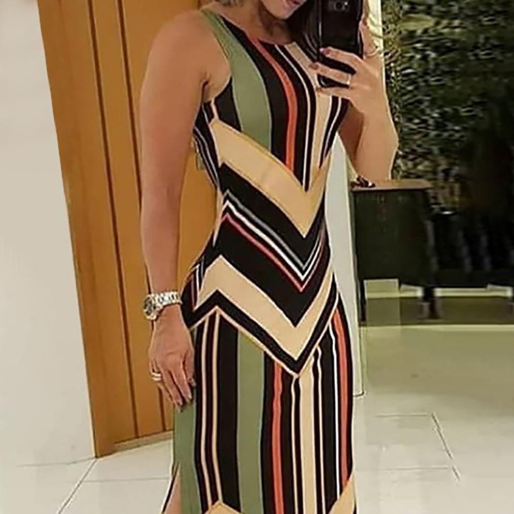 Multi Stripe Printed Side Split Maxi Dress - Sleeveless Maxi Dress - MomyMall