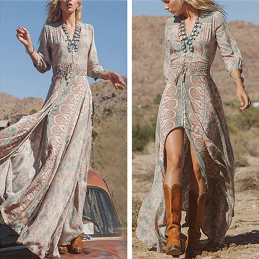 Boho Country Chiffon Maxi Dress With Front Split - MomyMall