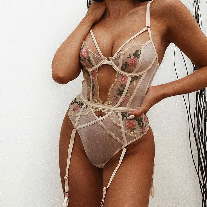 Floral Lace Embroidered Strap Bodysuit - MomyMall