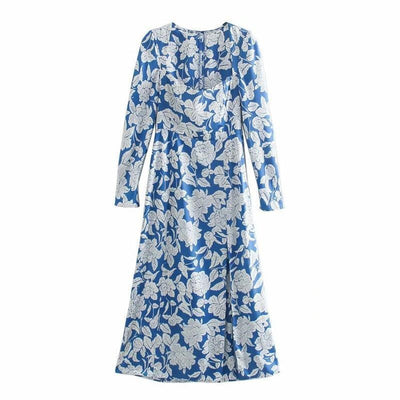 Square Collar Maxi Dress With Side Split - Long Sleeve Maxi Dress - MomyMall BLUE / XS