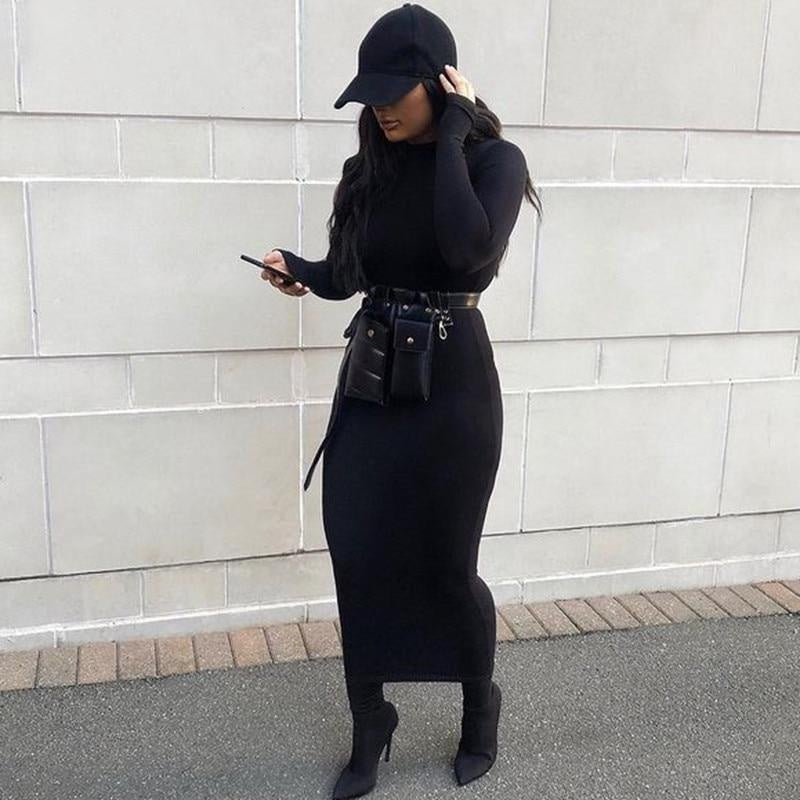 Turtleneck Seamless Bodycon Midi Dress - Long Sleeve Dress - MomyMall