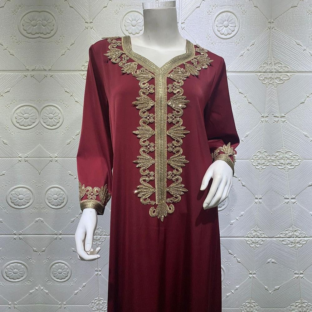 Moroccan Kaftan Robe Maroon Gold - MomyMall