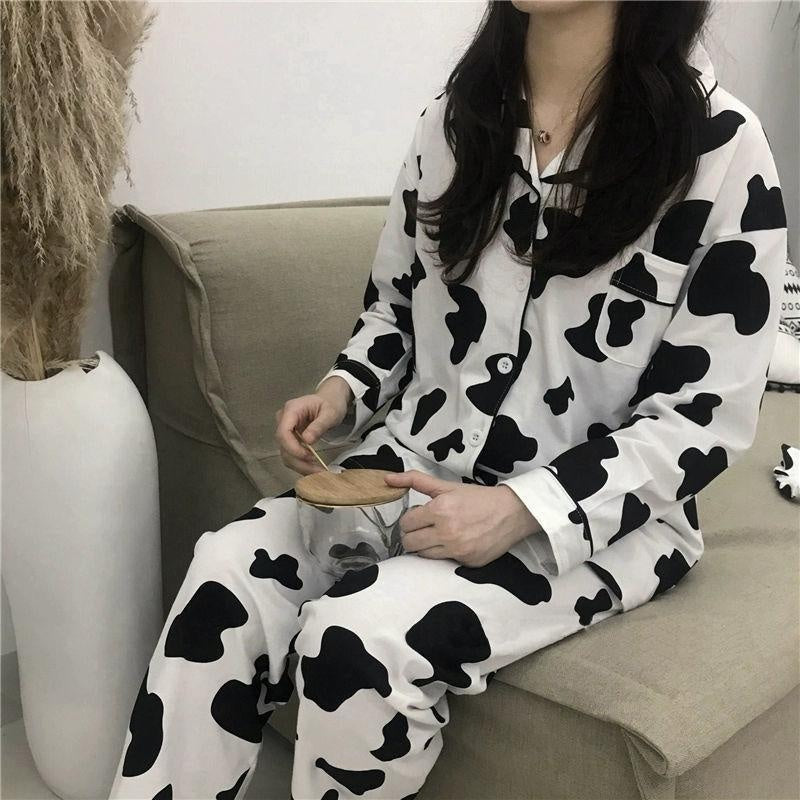 Plus Size Cow Print 2 Piece Trouser Pyjama Set - MomyMall