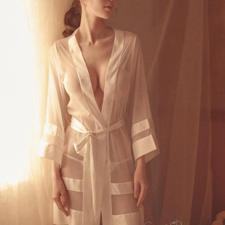 Sheer Mini Robe with Satin Edging Kimono Sleepwear - MomyMall