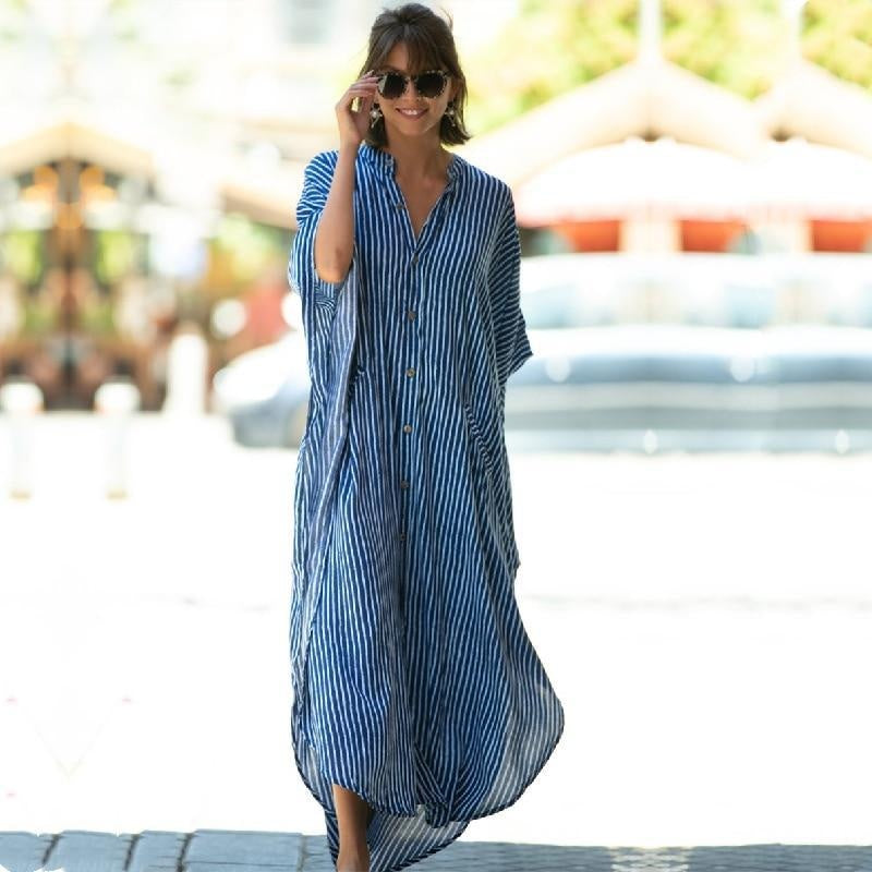 Striped Button Up Split Kaftan Maxi Dress - MomyMall DARK BLUE / ONE SIZE