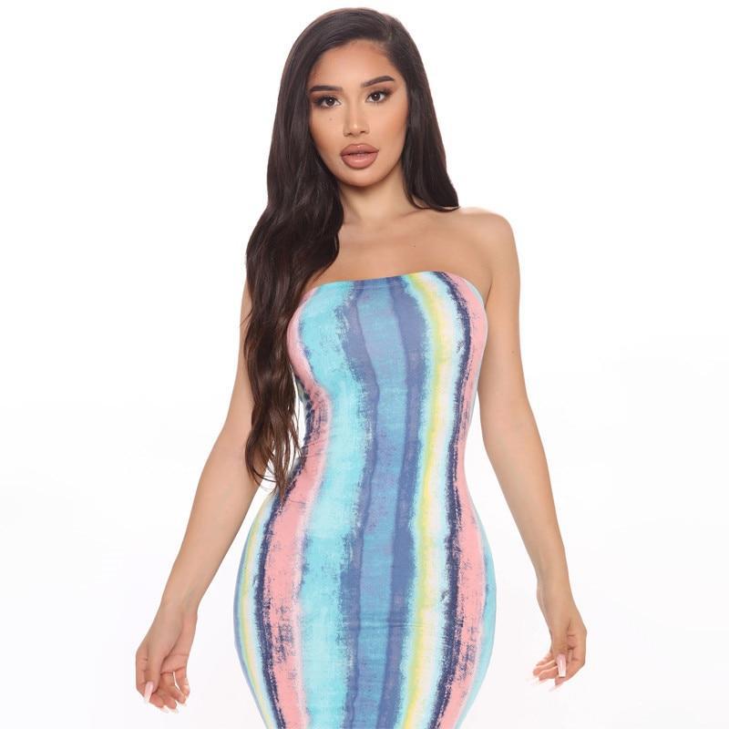 Strapless Tie Dye Stripe Bodycon Maxi Dress - MomyMall