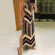 Multi Stripe Printed Side Split Maxi Dress - Sleeveless Maxi Dress - MomyMall MULTI / S