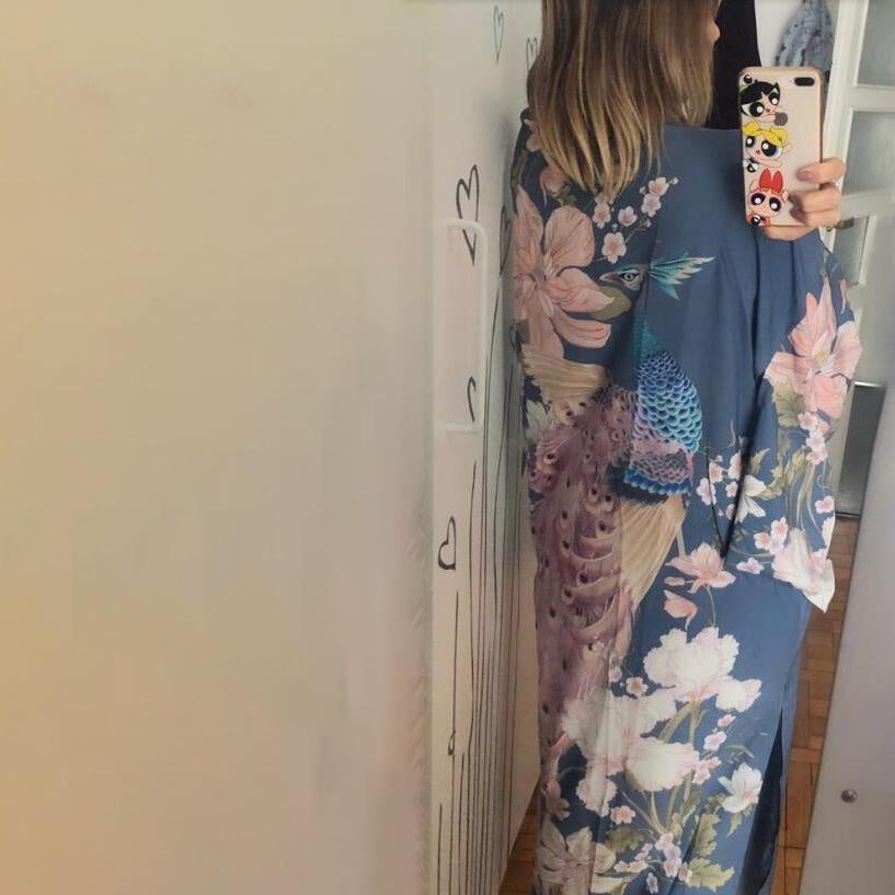 Floral Printed Midi Kimono With Tie Waist - MomyMall