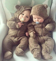 Newborn Baby Winter Solid Color Soft Warm Fuzzy Hooded Romper Jumpsuit - MomyMall Brown / Newborn