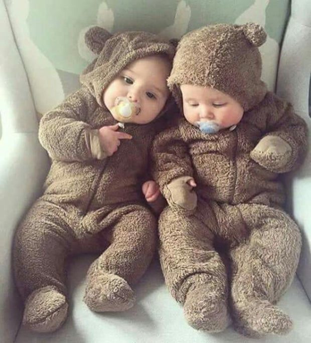 Newborn Baby Winter Solid Color Soft Warm Fuzzy Hooded Romper Jumpsuit - MomyMall Brown / Newborn