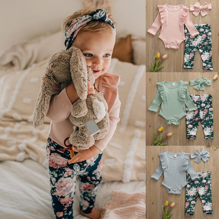 Baby Girl Solid Knitted Cotton Romper Tops Flower Print 3Pcs 0-3Years - MomyMall