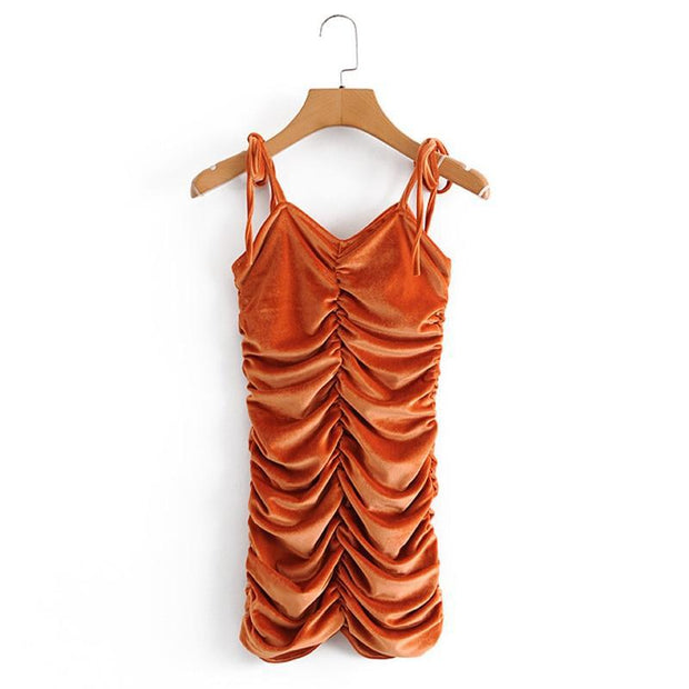 Tie Up Spaghetti Strap Bodycon Mini Dress - Ruched Velvet Mini Dress - MomyMall ORANGE / S