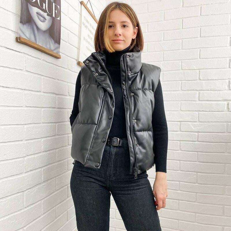 Faux Leather Sleeveless Puffer Gilet