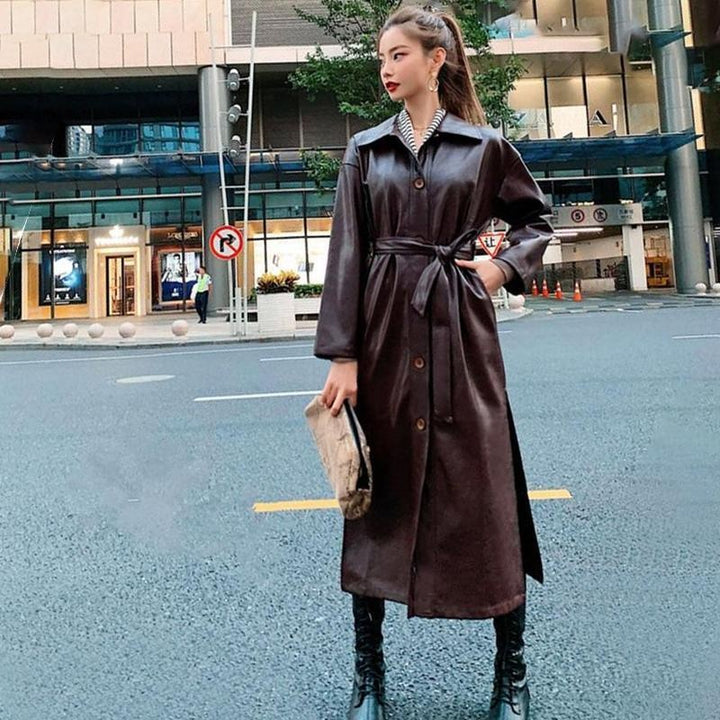 Belted Button Through Faux Leather Trench Coat