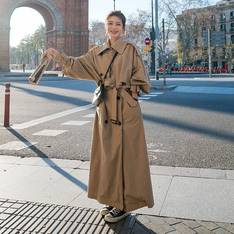 Oversized Double Breasted Long Trench Coat With Belt