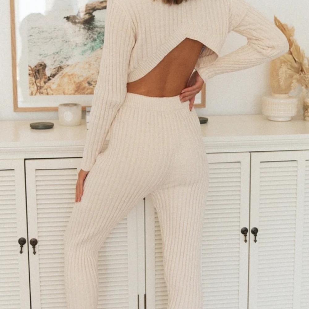 Long Sleeve Rib Trousers Co-ord Set - Loungewear Set - MomyMall